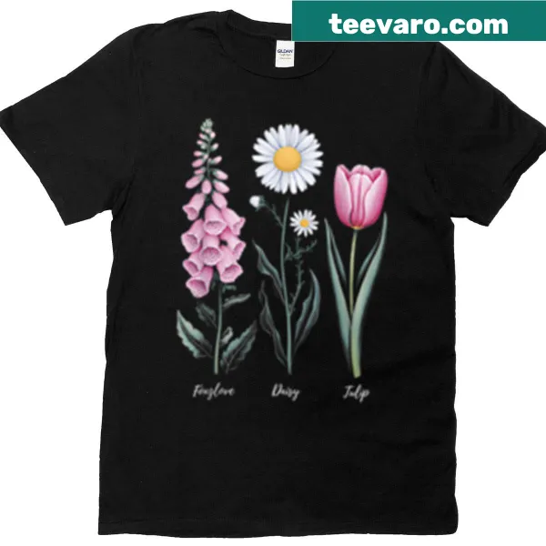 Vintage floral design featuring foxglove, daisy, and tulip on a T-shirt