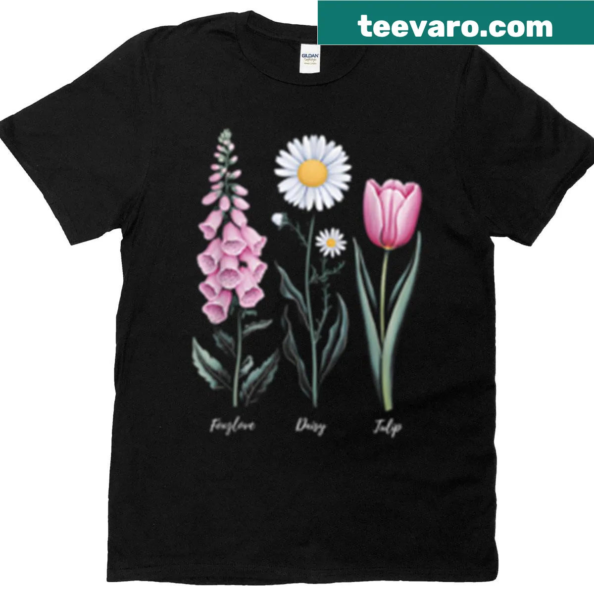 Vintage floral design featuring foxglove, daisy, and tulip on a T-shirt — on a men's t-shirt
