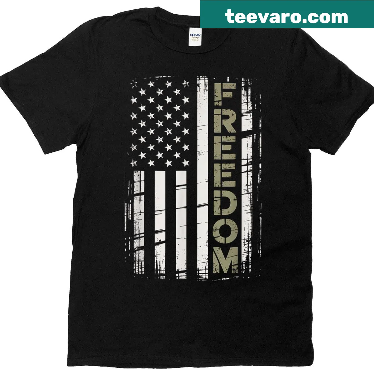 Vintage American flag T-shirt with distressed design — on a men's t-shirt