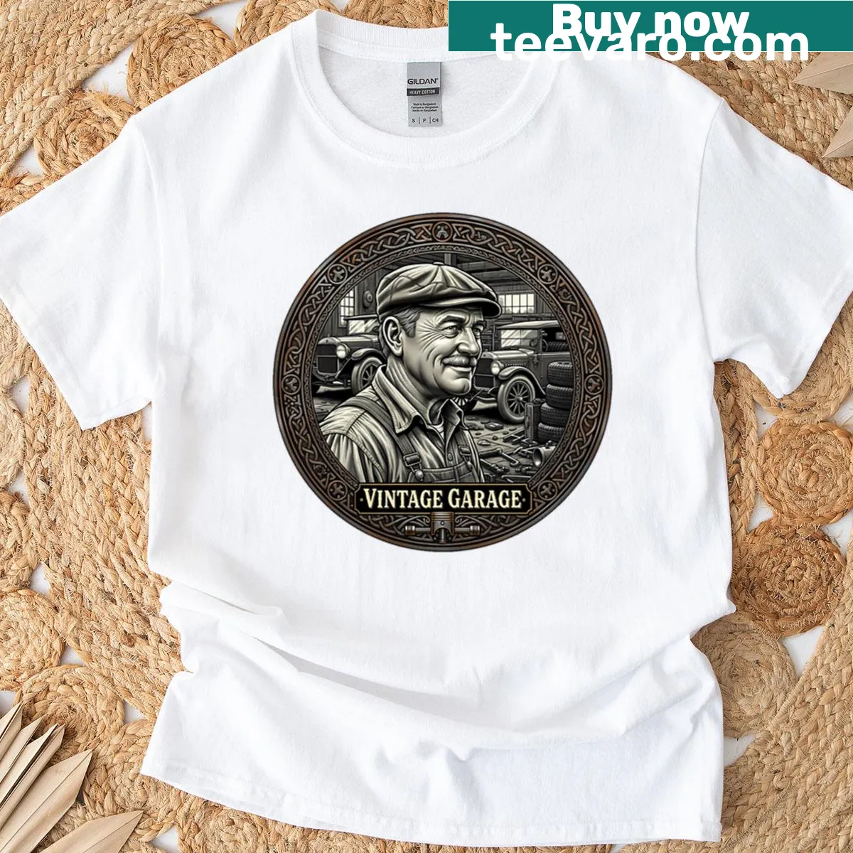 Oversized vintage mechanic t-shirt with classic car graphic — on a men's t-shirt