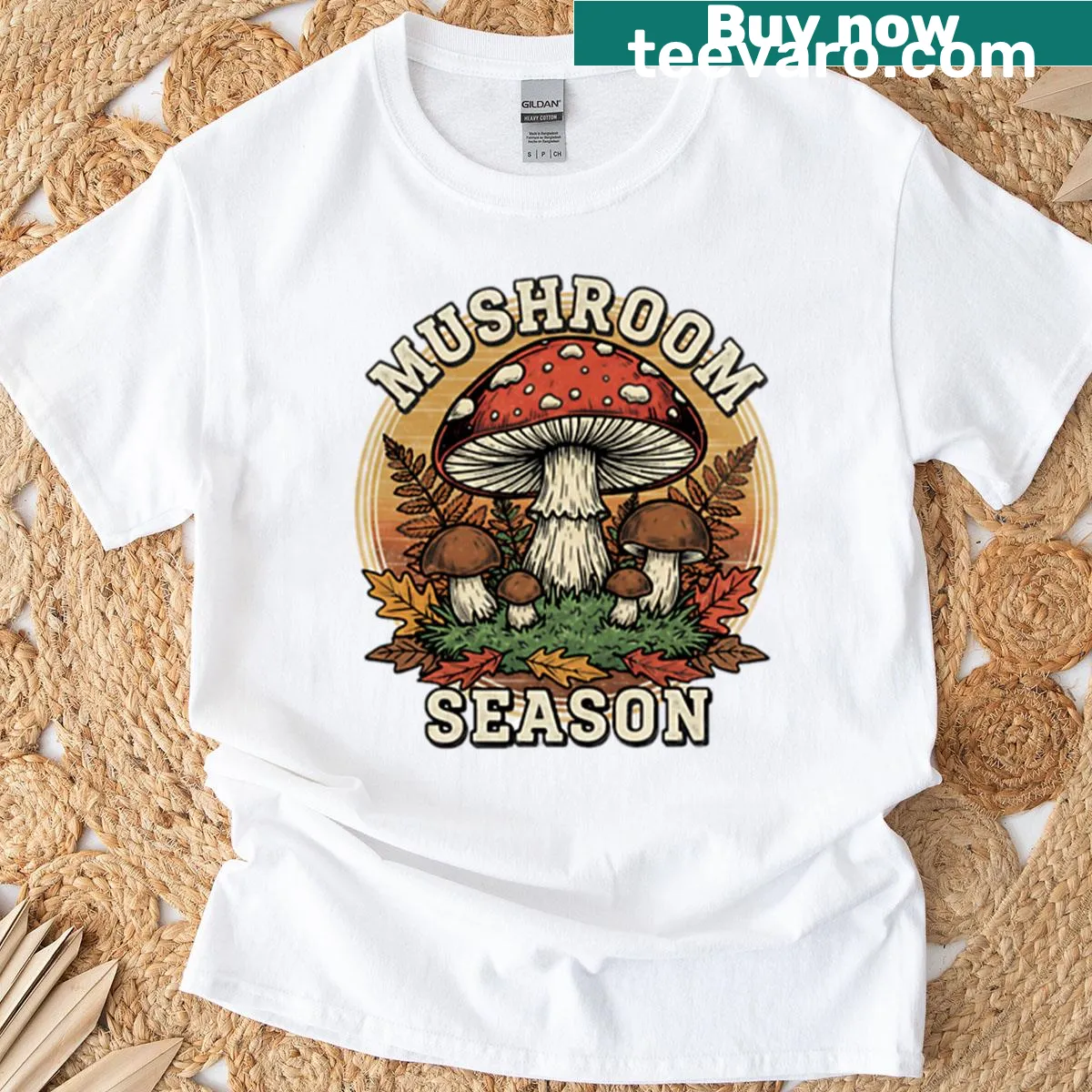 Vintage T-shirt with playful mushroom season design — on a men's t-shirt