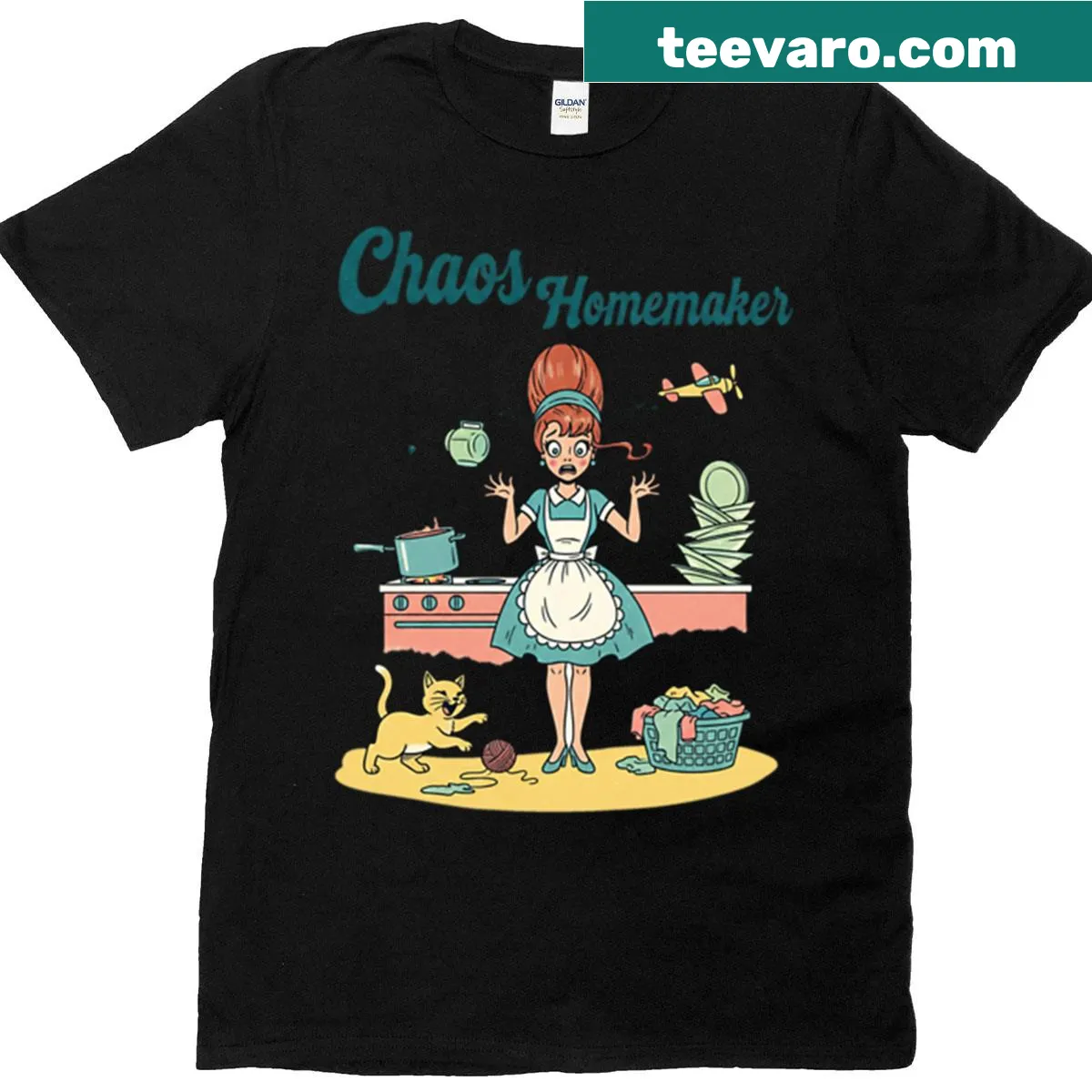 Humorous illustration of a retro housewife in a chaotic kitchen. — on a men's t-shirt
