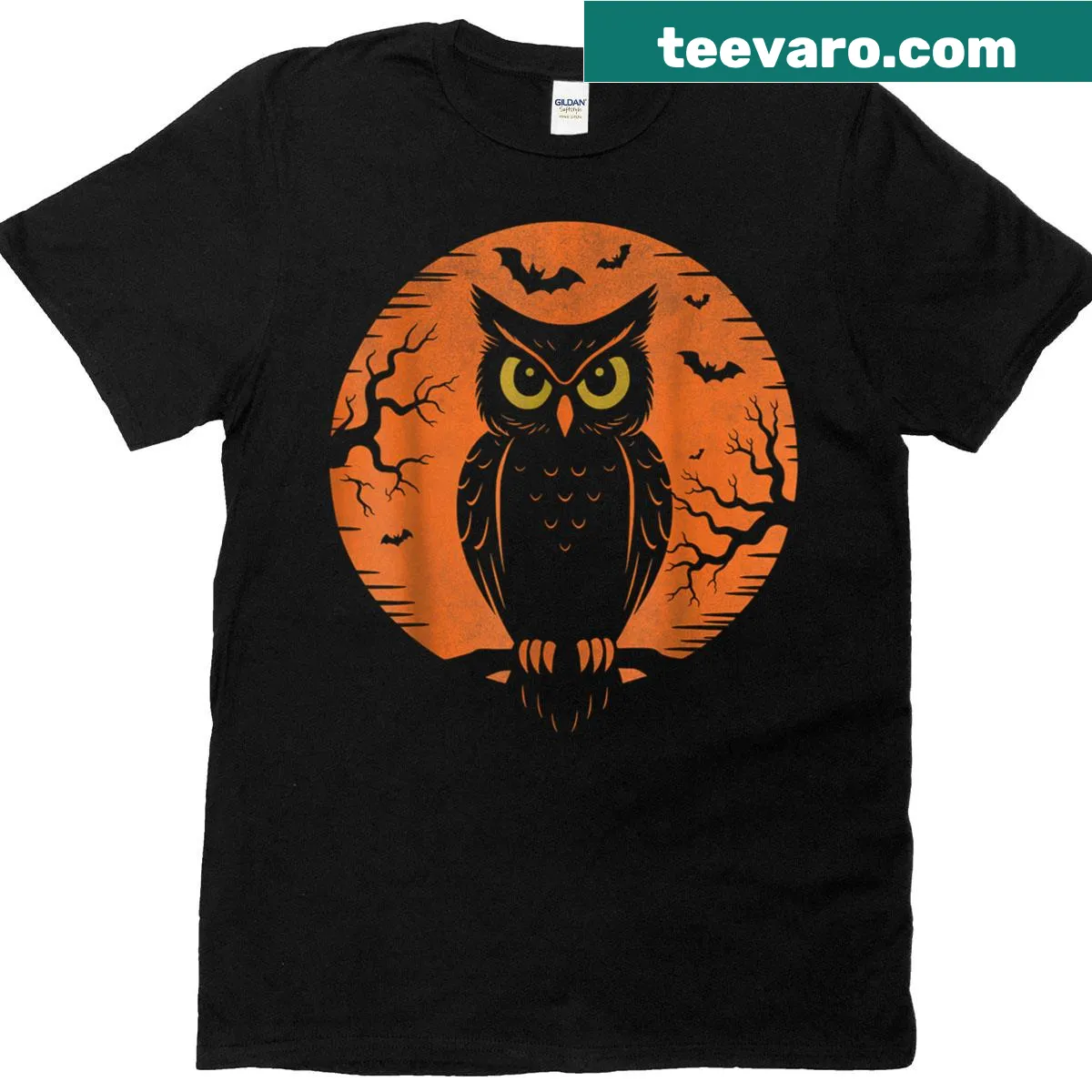 Vintage Halloween T-shirt featuring a black owl under a retro moon — on a men's t-shirt
