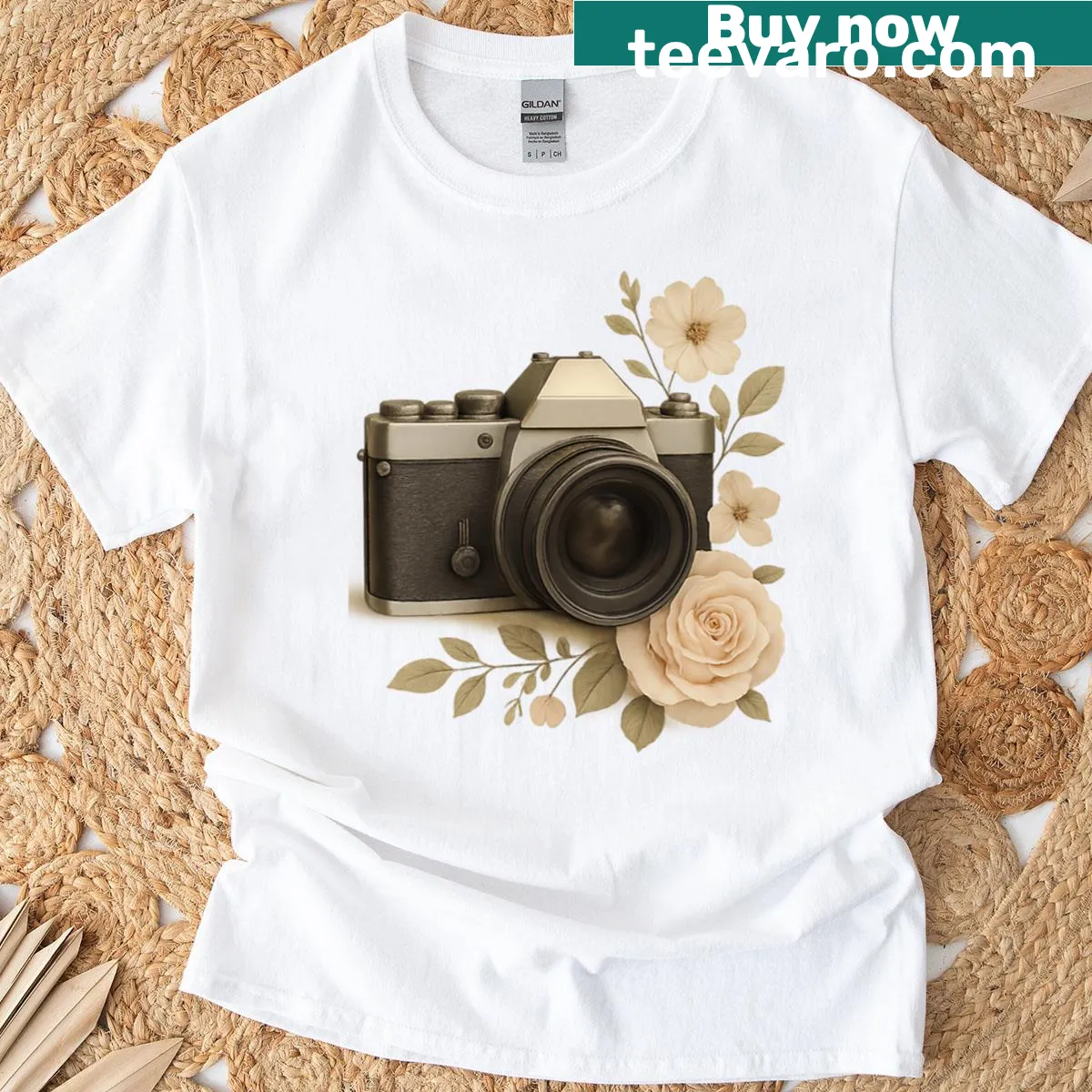Floral film camera illustration on oversized T-shirt with vintage vibe — on a men's t-shirt
