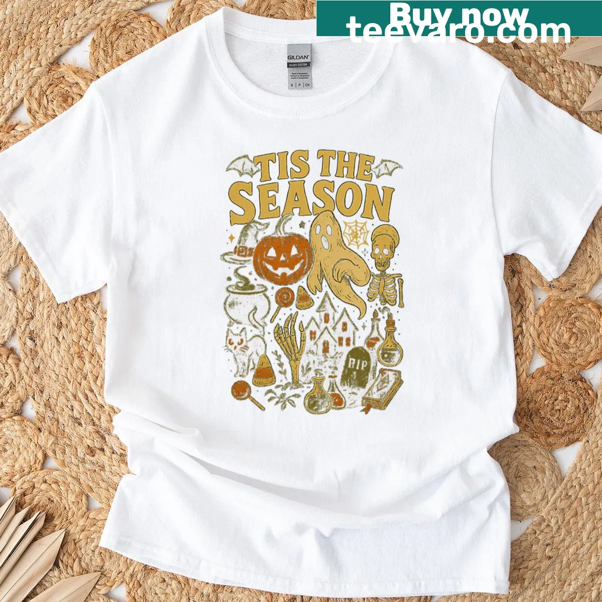 Vintage Halloween T-shirt with Tis The Season graphic — on a men's t-shirt
