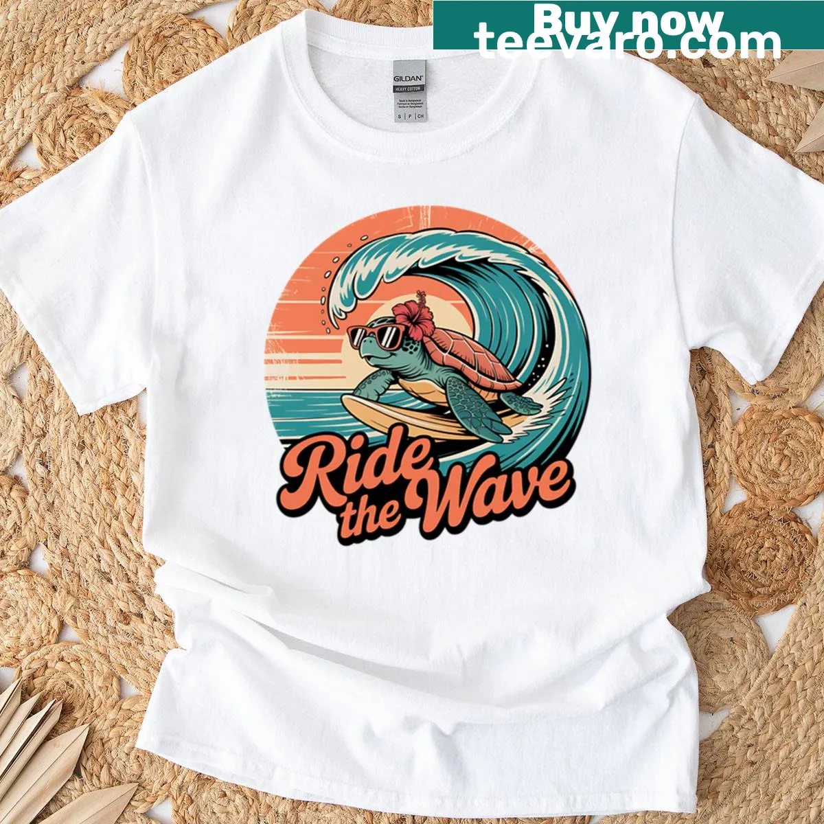 Vintage turtle pro surfer t-shirt with playful surfing illustration — on a men's t-shirt