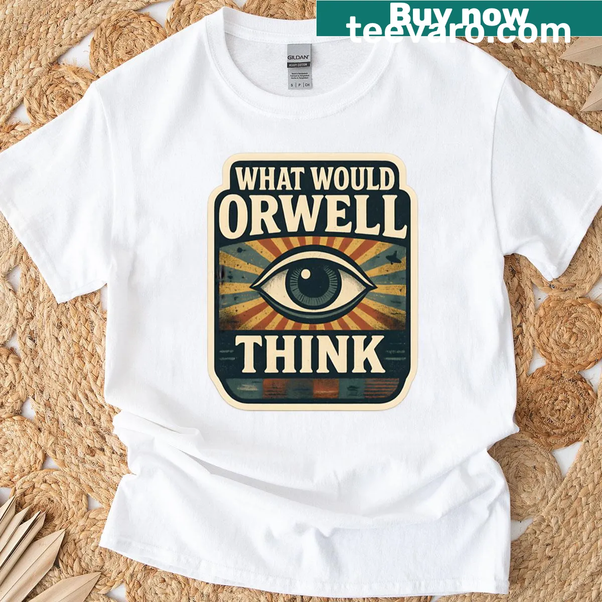 Typography design featuring 'What Would Orwell Think' on oversized T-shirt — on a men's t-shirt