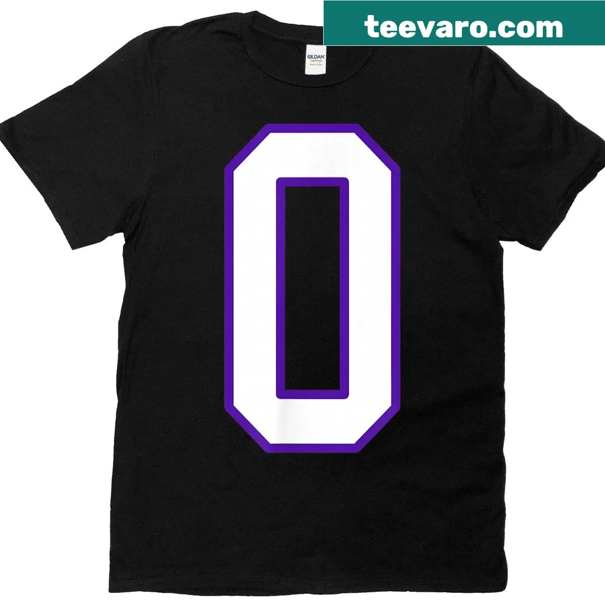 White and purple jersey-style T-shirt with number 0 — on a men's t-shirt