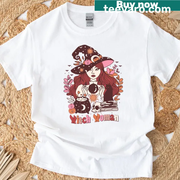 Witch Woman t-shirt featuring a silhouette of a witch with stars and moons