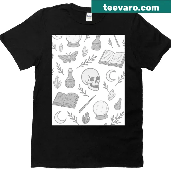 Witchcraft-themed T-shirt with skulls, moths, and crystals design