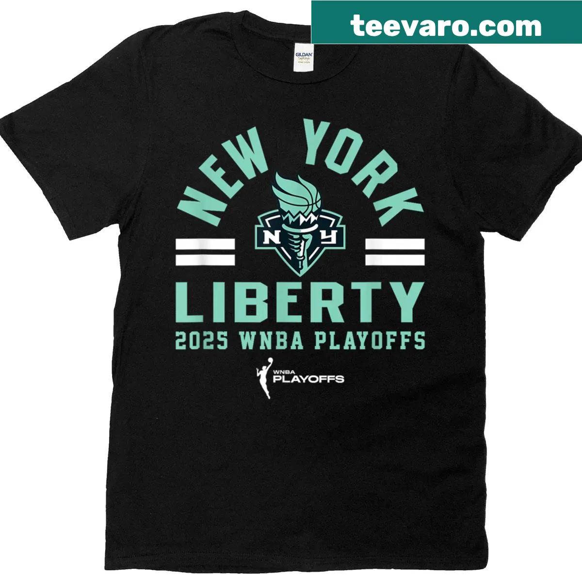 New York Liberty 2025 playoffs t-shirt featuring bold graphic design — on a men's t-shirt