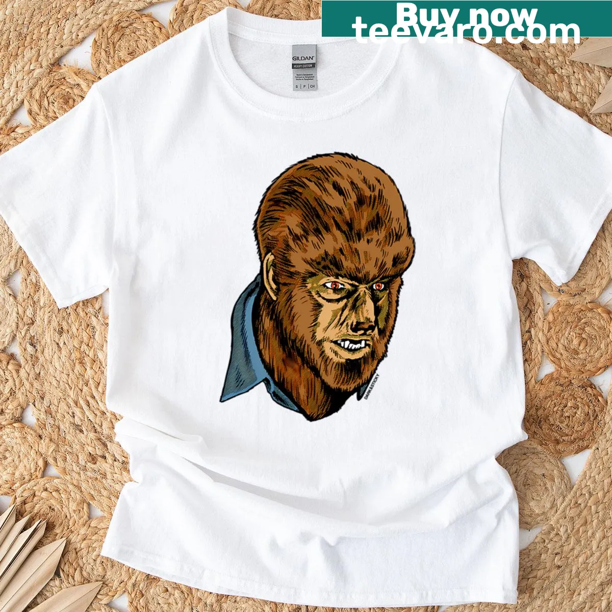Illustration of Wolf Man with vintage horror theme on oversized T-shirt — on a men's t-shirt