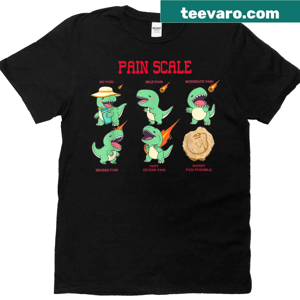Funny dinosaur pain scale graphic for nurses — on a men's t-shirt