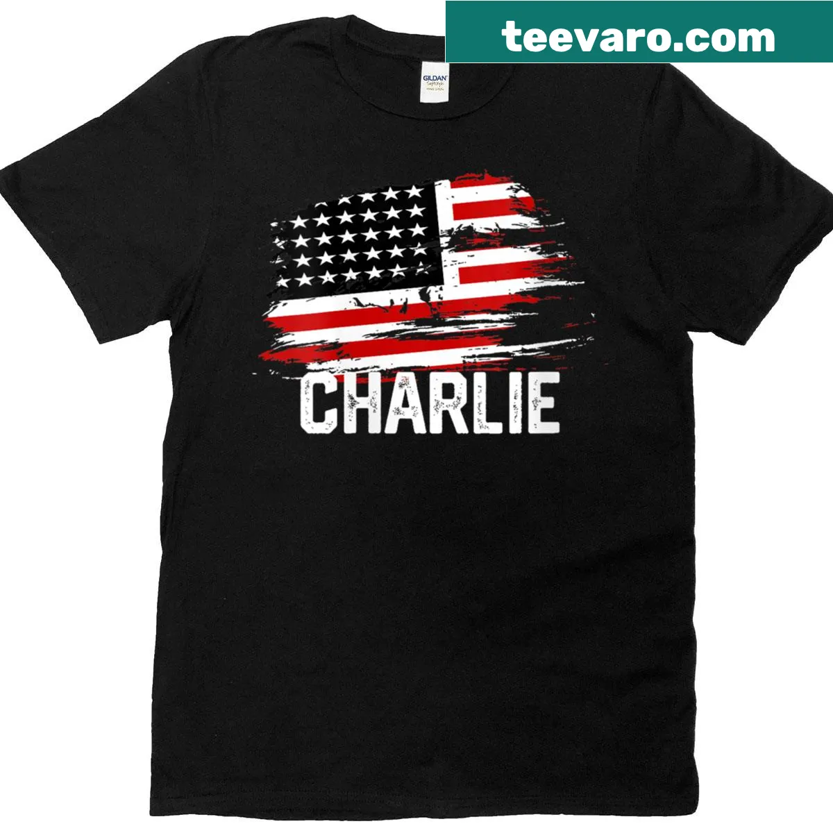 Personalized Charlie shirt with USA flag design — on a men's t-shirt