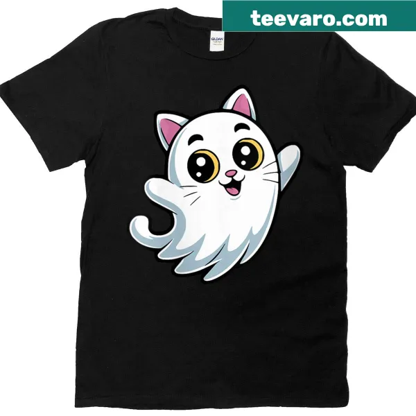 Cute ghost kitty graphic on a Halloween shirt