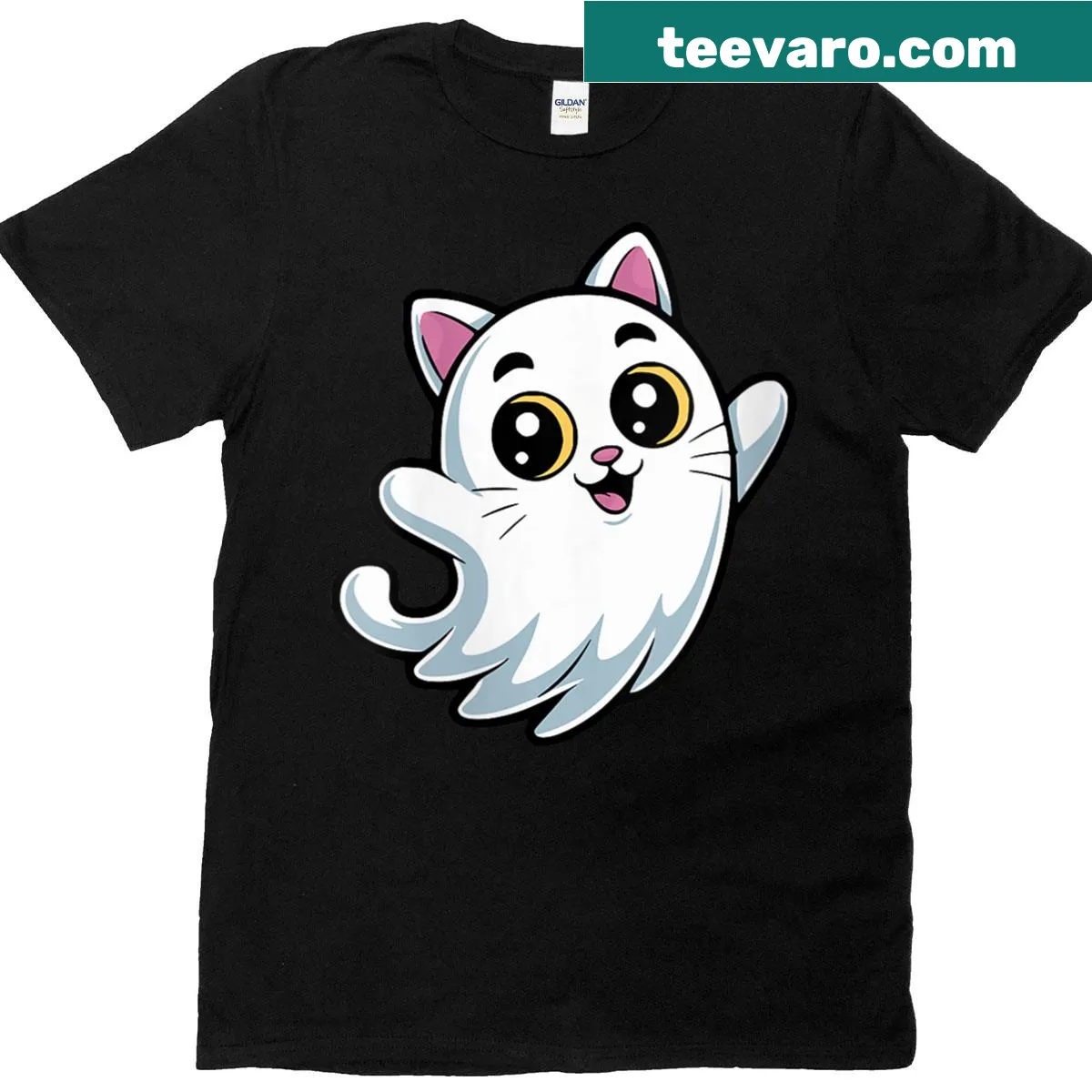 Cute ghost kitty graphic on a Halloween shirt — on a men's t-shirt