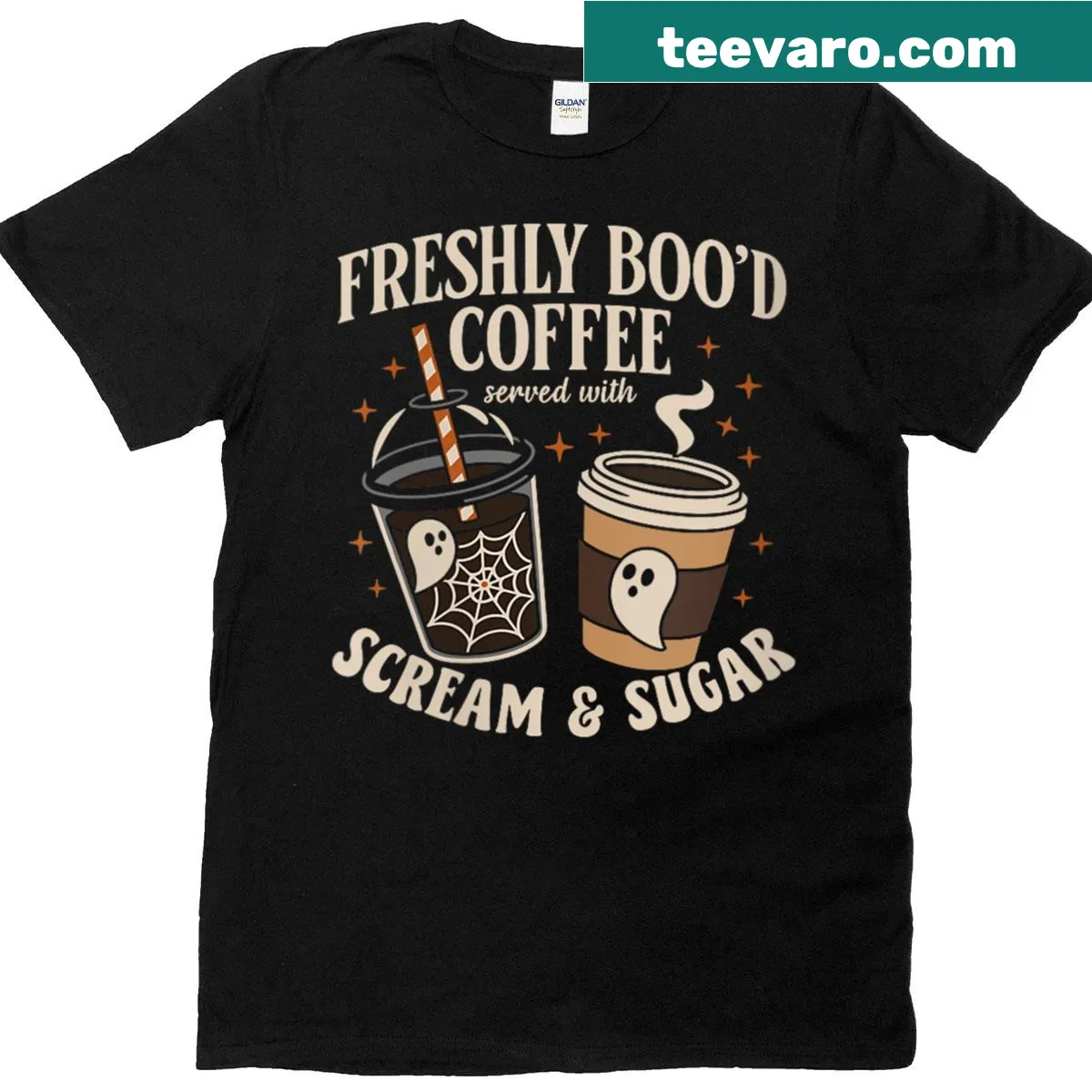 Funny Halloween shirt with coffee and ghost graphics — on a men's t-shirt