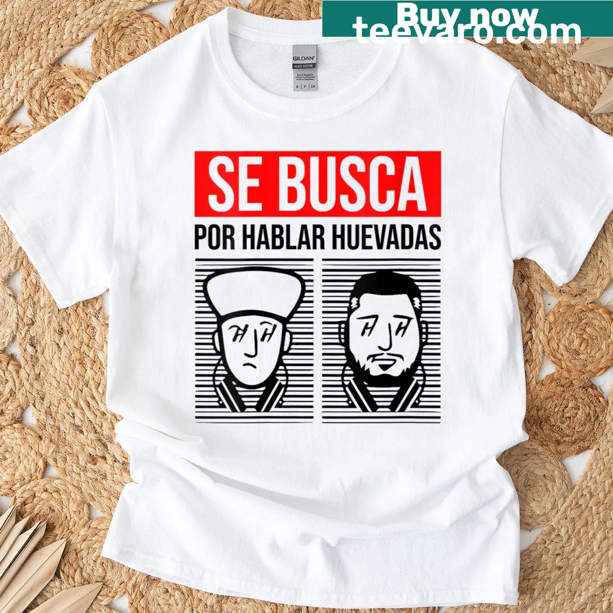 T-shirt featuring Latin humor phrase Se Buscan Hablando Huevadas — on a men's t-shirt