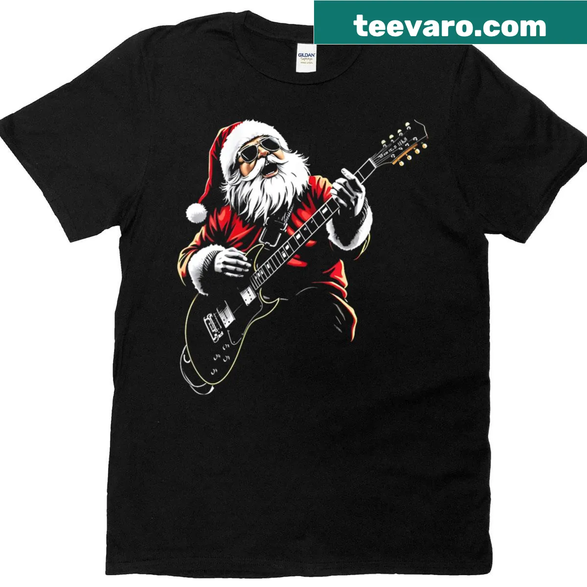 Santa Claus playing guitar graphic on holiday tee for women — on a men's t-shirt