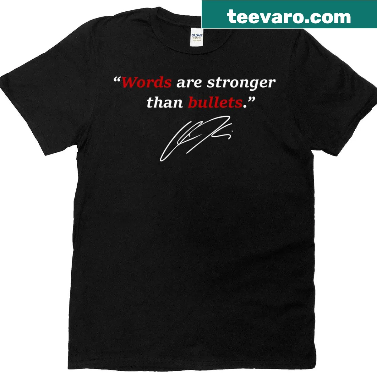 T-shirt with the phrase 'Words Are Stronger Than Bullets' in bold text — on a men's t-shirt