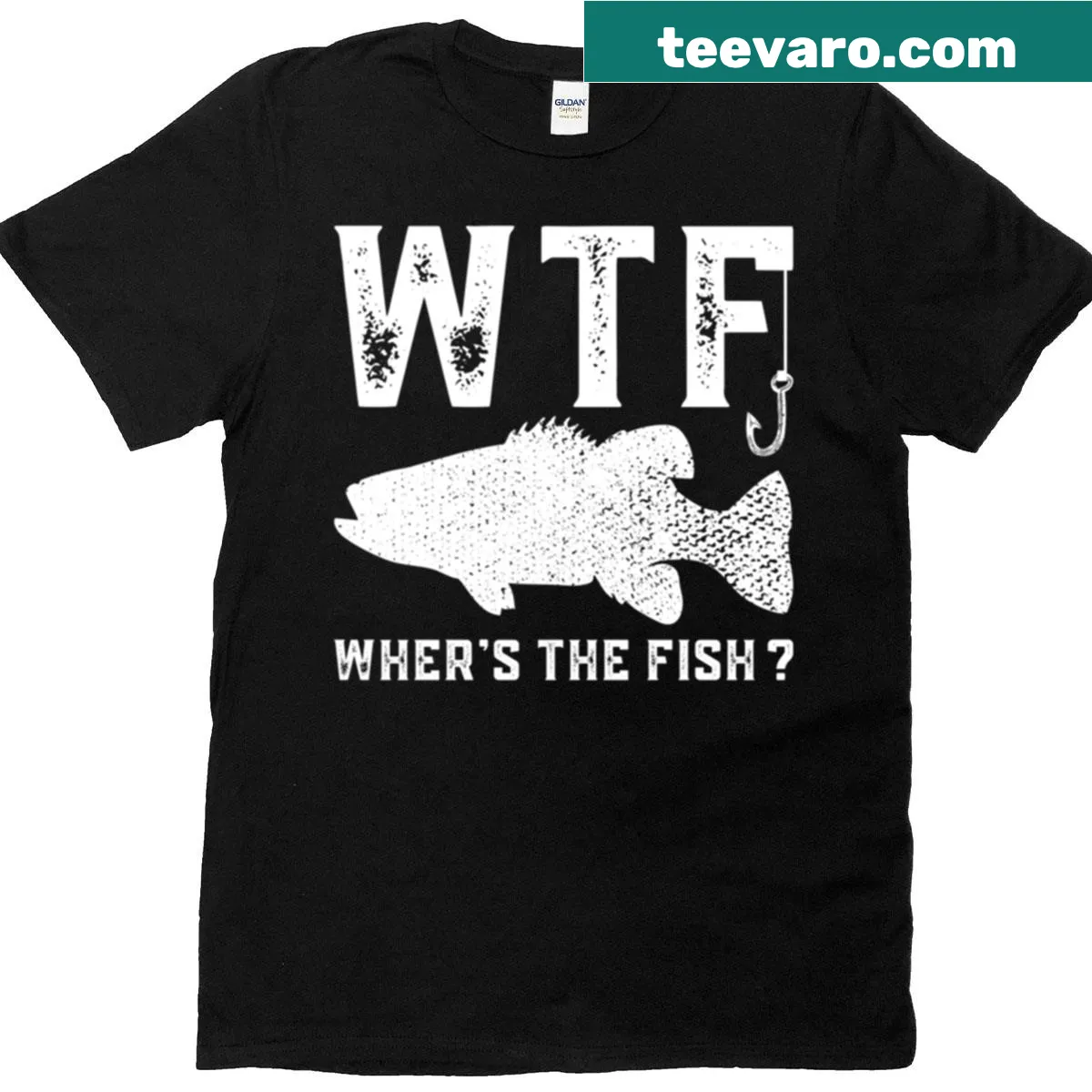 Funny dad t-shirt with 'WTF Where's The Fish?' fishing humor — on a men's t-shirt
