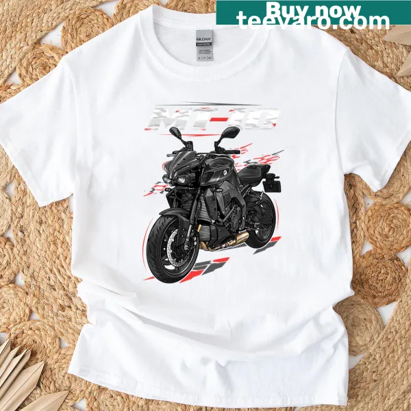 Cartoon-style Yamaha MT 10 motorcycle T-shirt.