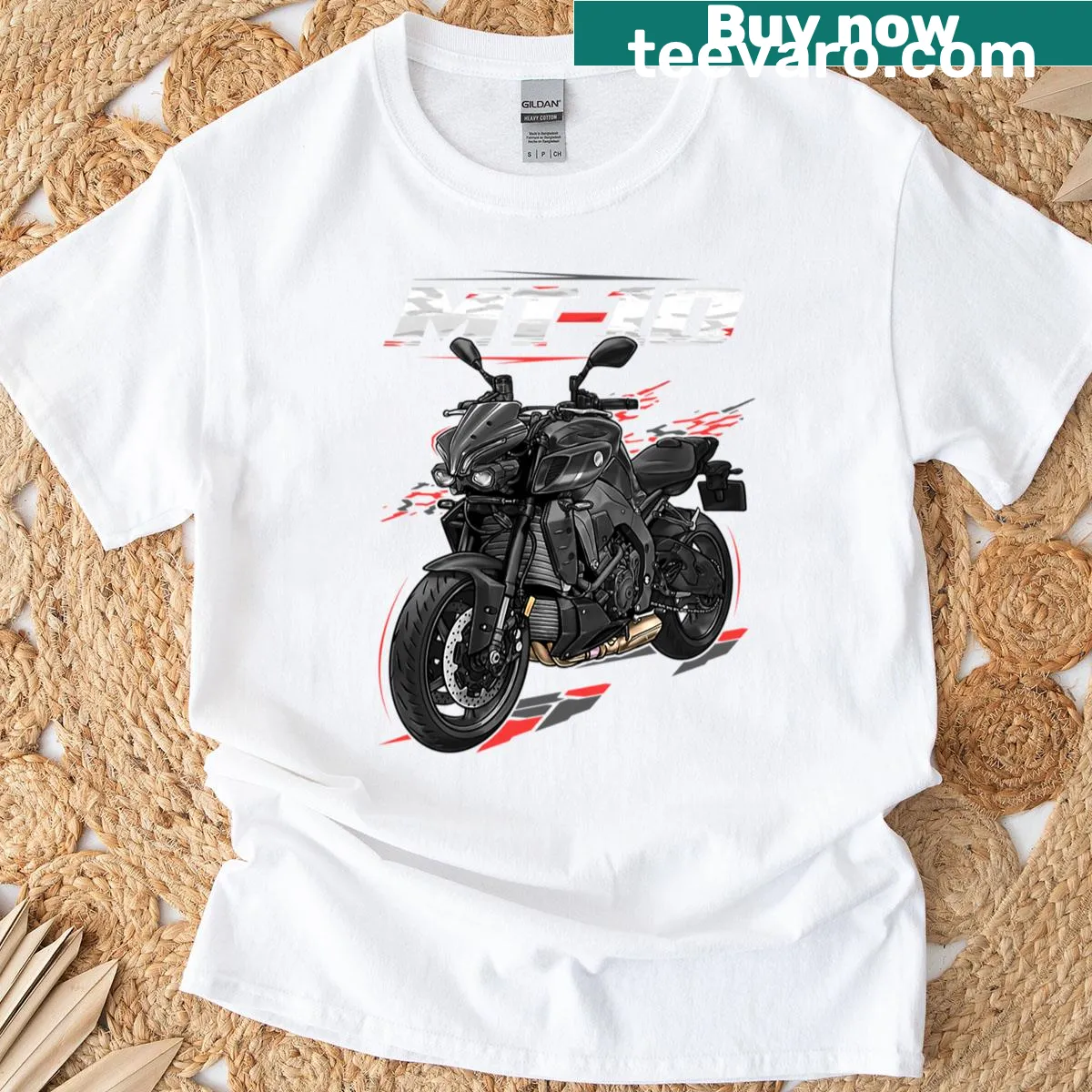 Cartoon-style Yamaha MT 10 motorcycle T-shirt. — on a men's t-shirt