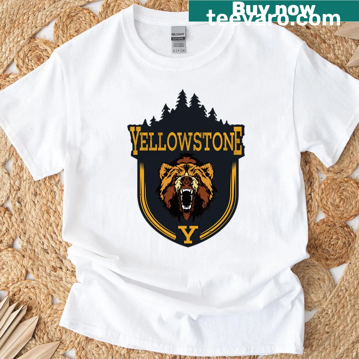 Yellowstone-themed t-shirt featuring landscapes and wildlife illustrations — on a men's t-shirt