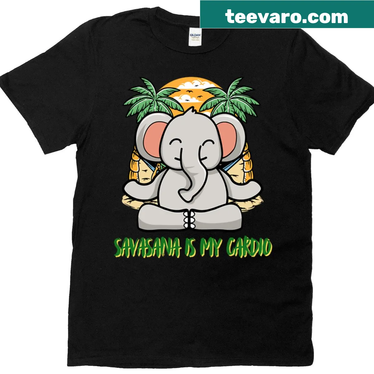 Serene illustration of an elephant practicing yoga. — on a men's t-shirt