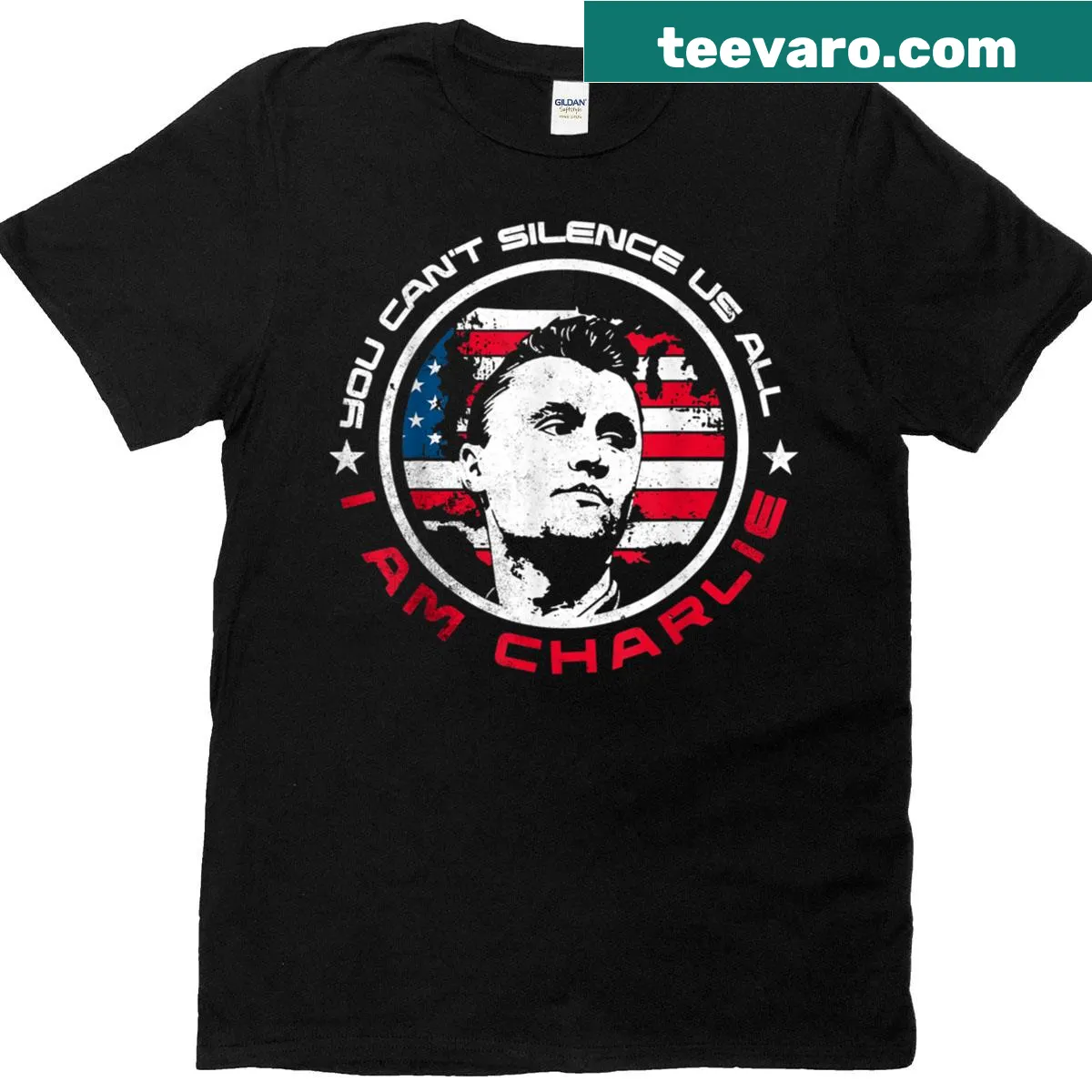 Tribute t-shirt with 'You Can't Silence Us All' phrase in bold typography — on a men's t-shirt