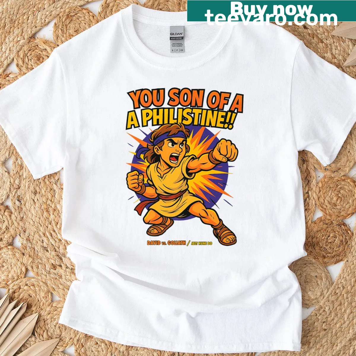 Sarcastic t-shirt featuring the phrase 'You Son Of A Philistine'. — on a men's t-shirt