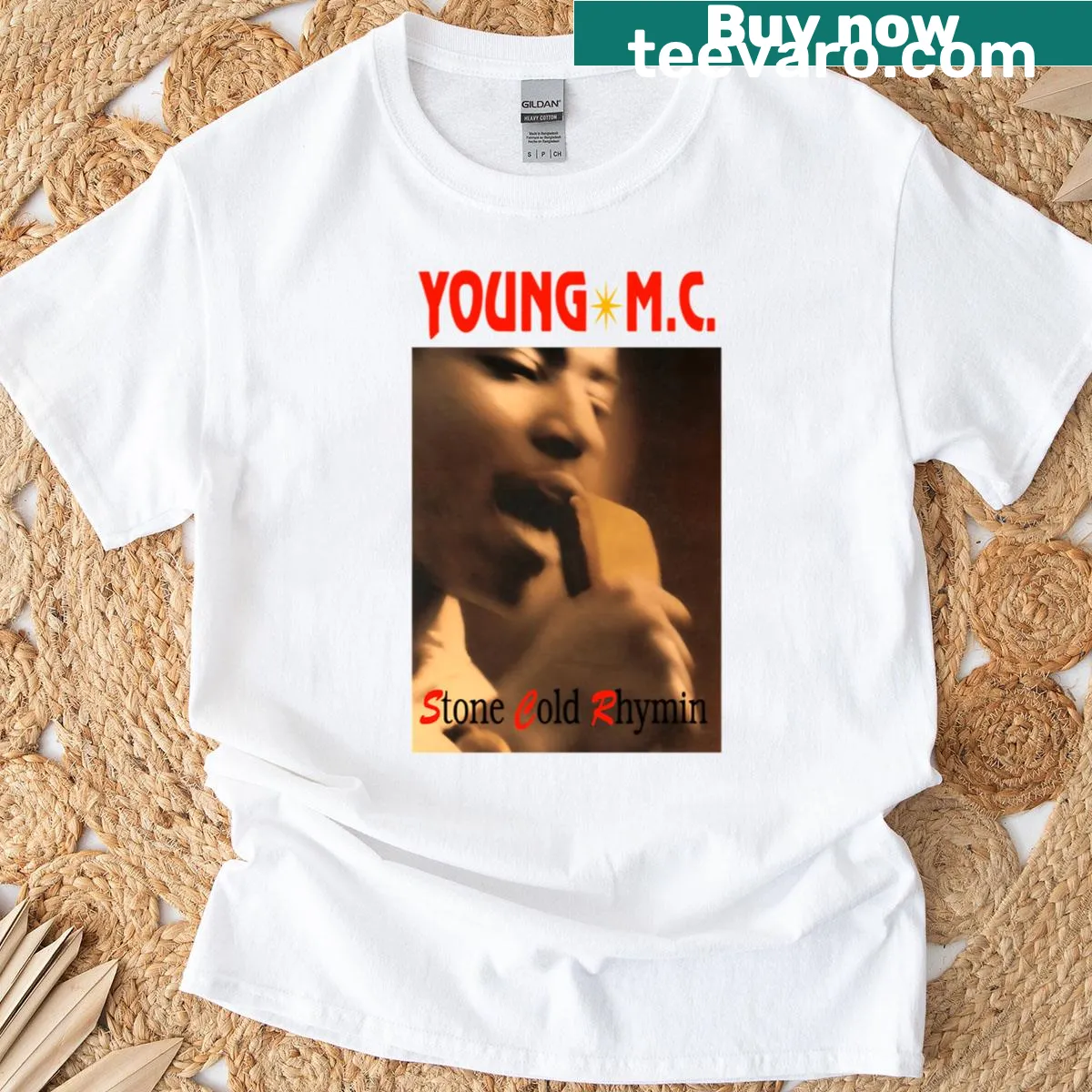 Retro T-shirt inspired by Young MC with Stone Cold Rhymin theme — on a men's t-shirt