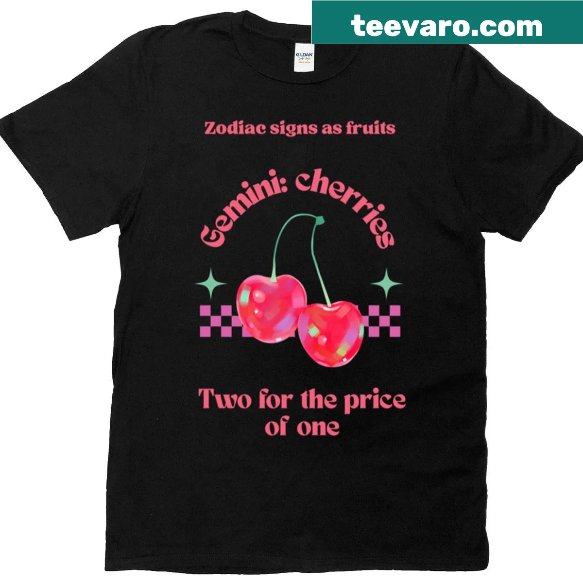 Illustration T-shirt featuring a Gemini cherries zodiac design — on a men's t-shirt