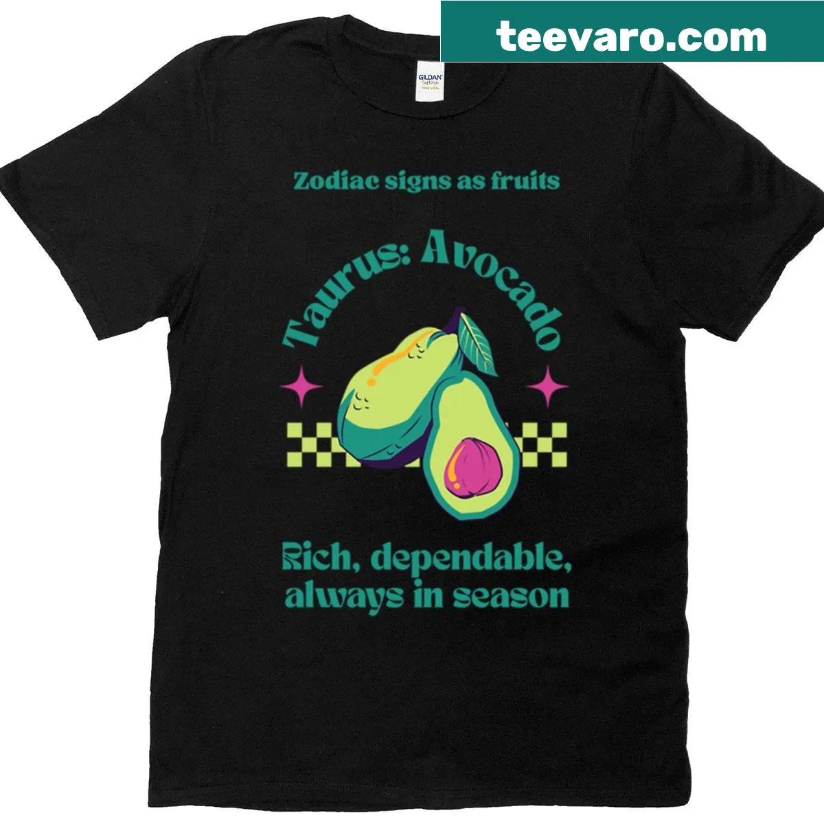 Cute avocado graphic representing the Taurus zodiac sign — on a men's t-shirt