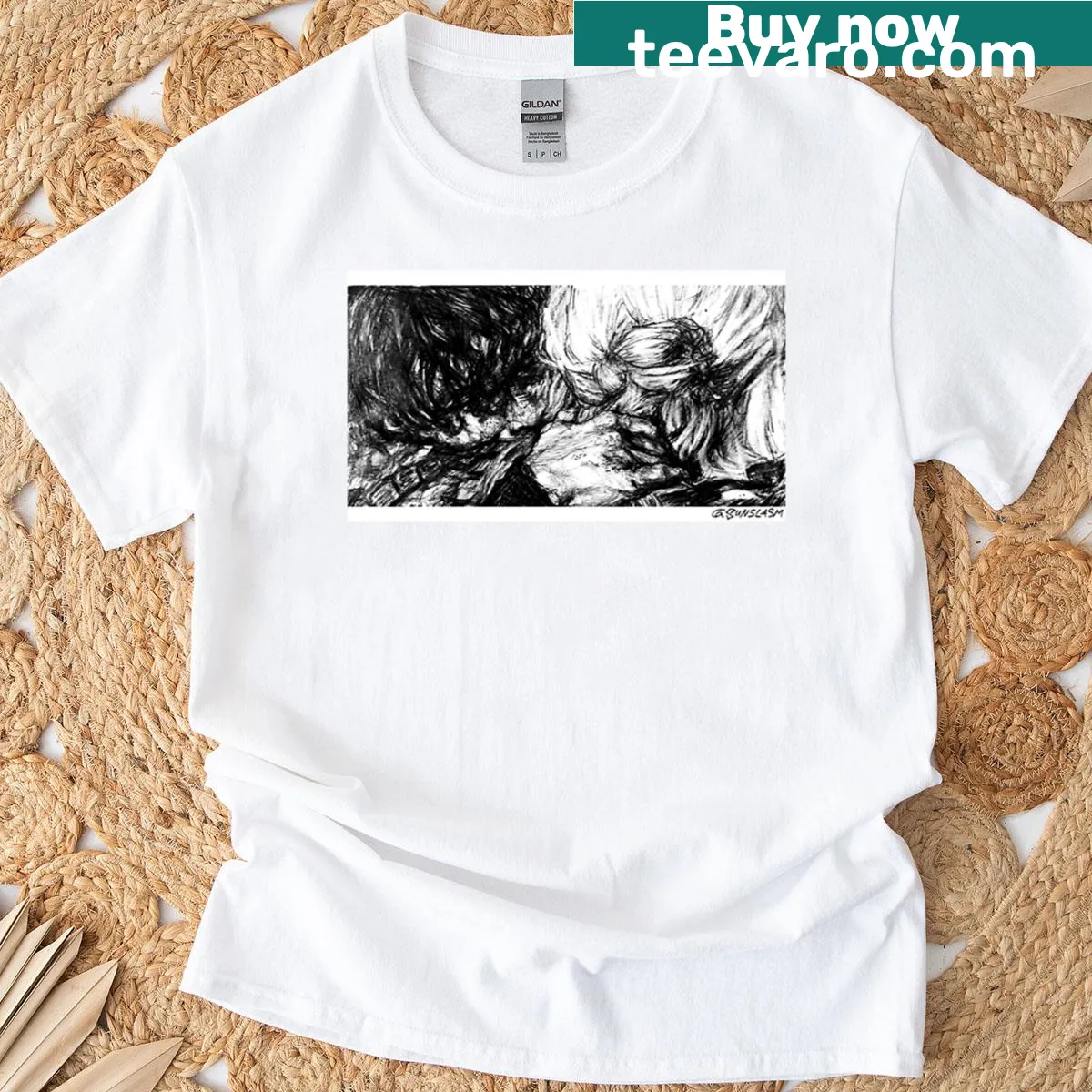 Original sketch of Bellarke in a playful design on a T-shirt — on a men's t-shirt