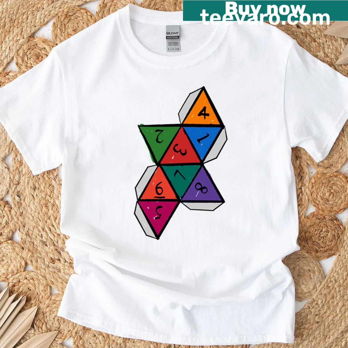 Illustration of an exploded view of an 8-sided die on a t-shirt — on a men's t-shirt