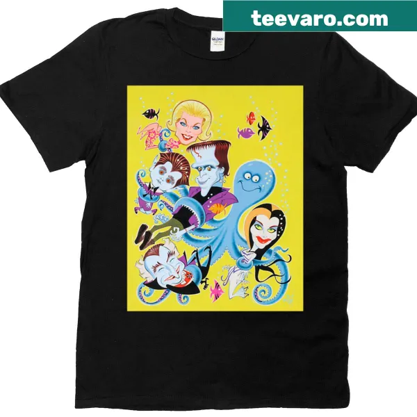 Playful t-shirt featuring a spooky family on a cartoon sea adventure