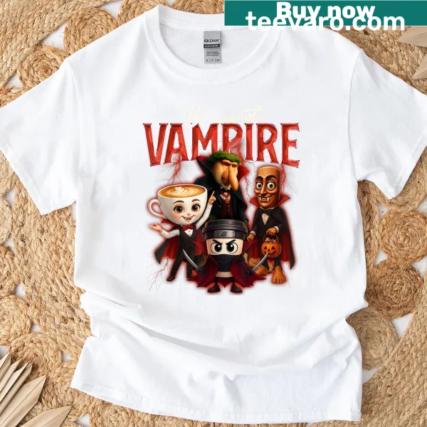 Cartoon vampire graphic on a Halloween T-shirt for boys, designed for fun.