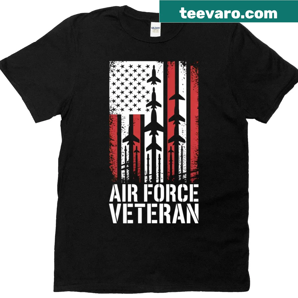 Air Force Veteran t-shirt with American flag and bold text — on a men's t-shirt