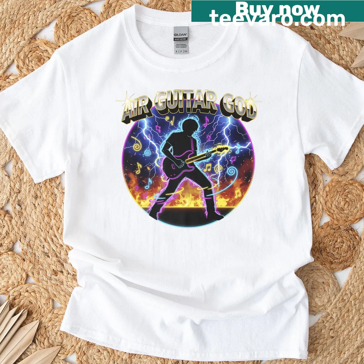 Whimsical air guitar rock star graphic on a T-shirt — on a men's t-shirt