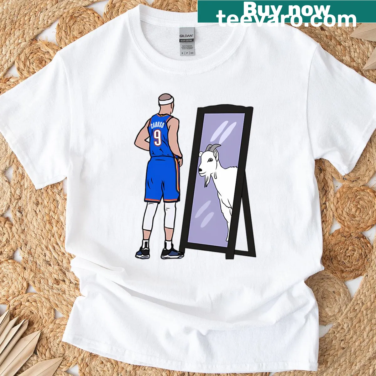 Tribute T-shirt featuring Alex Caruso with 'Mirror Goat' text — on a men's t-shirt