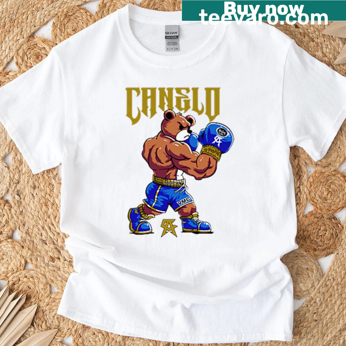 Cartoon boxing bear design representing Mexican pride on a retro T-shirt — on a men's t-shirt