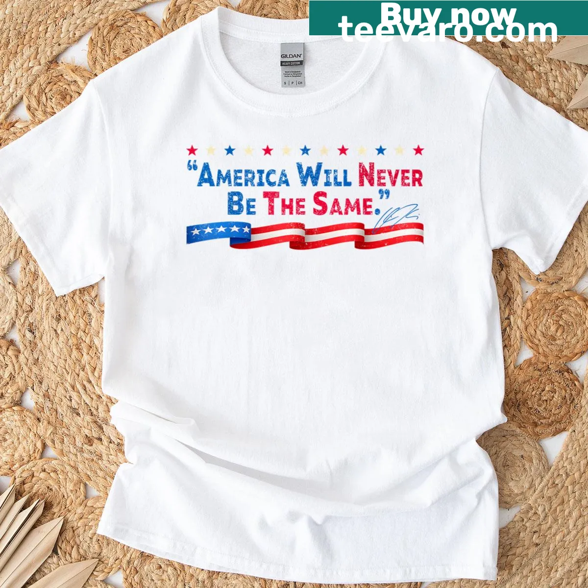 Bold typographic T-shirt with a powerful message about America — on a men's t-shirt