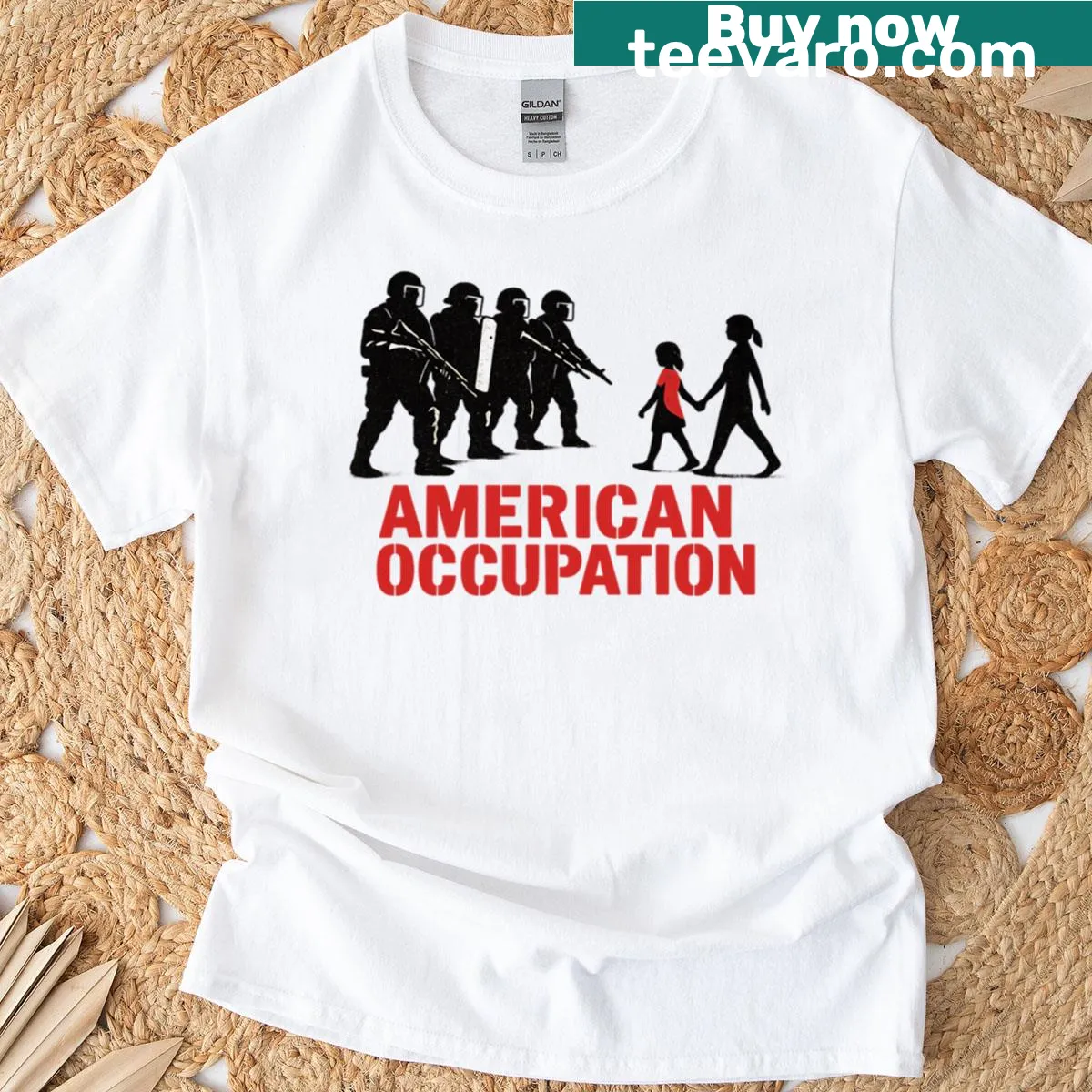 Distressed stencil art t-shirt with protest theme — on a men's t-shirt