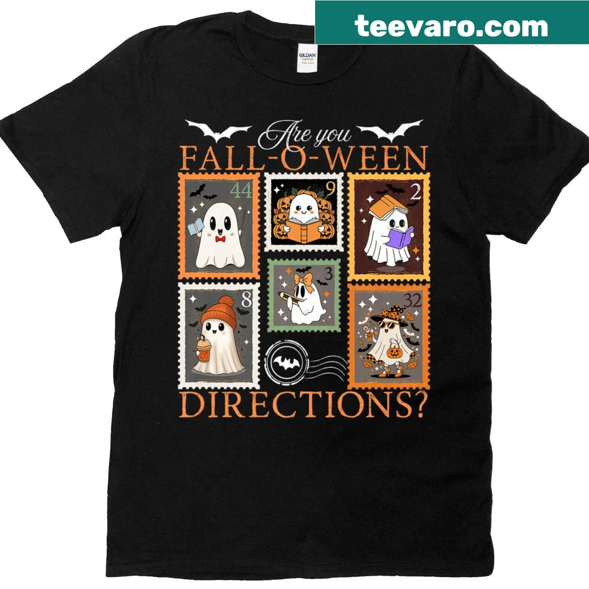 Teacher Halloween t-shirt with stamps and Fall O Ween phrase — on a men's t-shirt