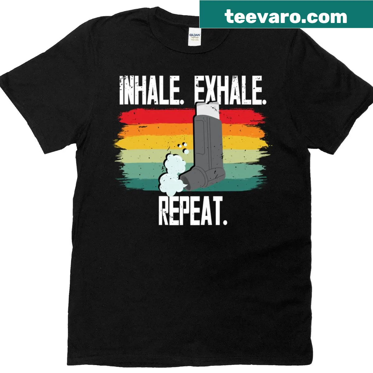 T-shirt promoting asthma awareness with the phrase Inhale Exhale Repeat — on a men's t-shirt