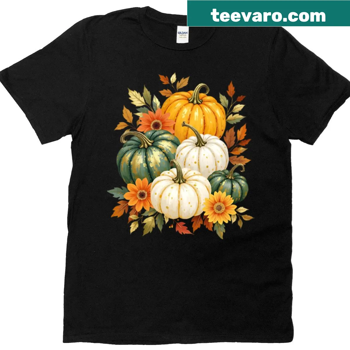 Elegant autumn pumpkins and floral arrangement illustration on t-shirt — on a men's t-shirt