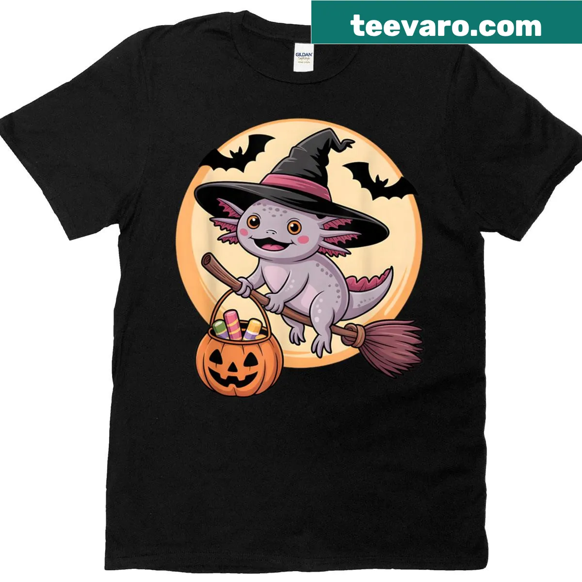 Illustration of an axolotl in a witch hat on a pumpkin for Halloween — on a men's t-shirt