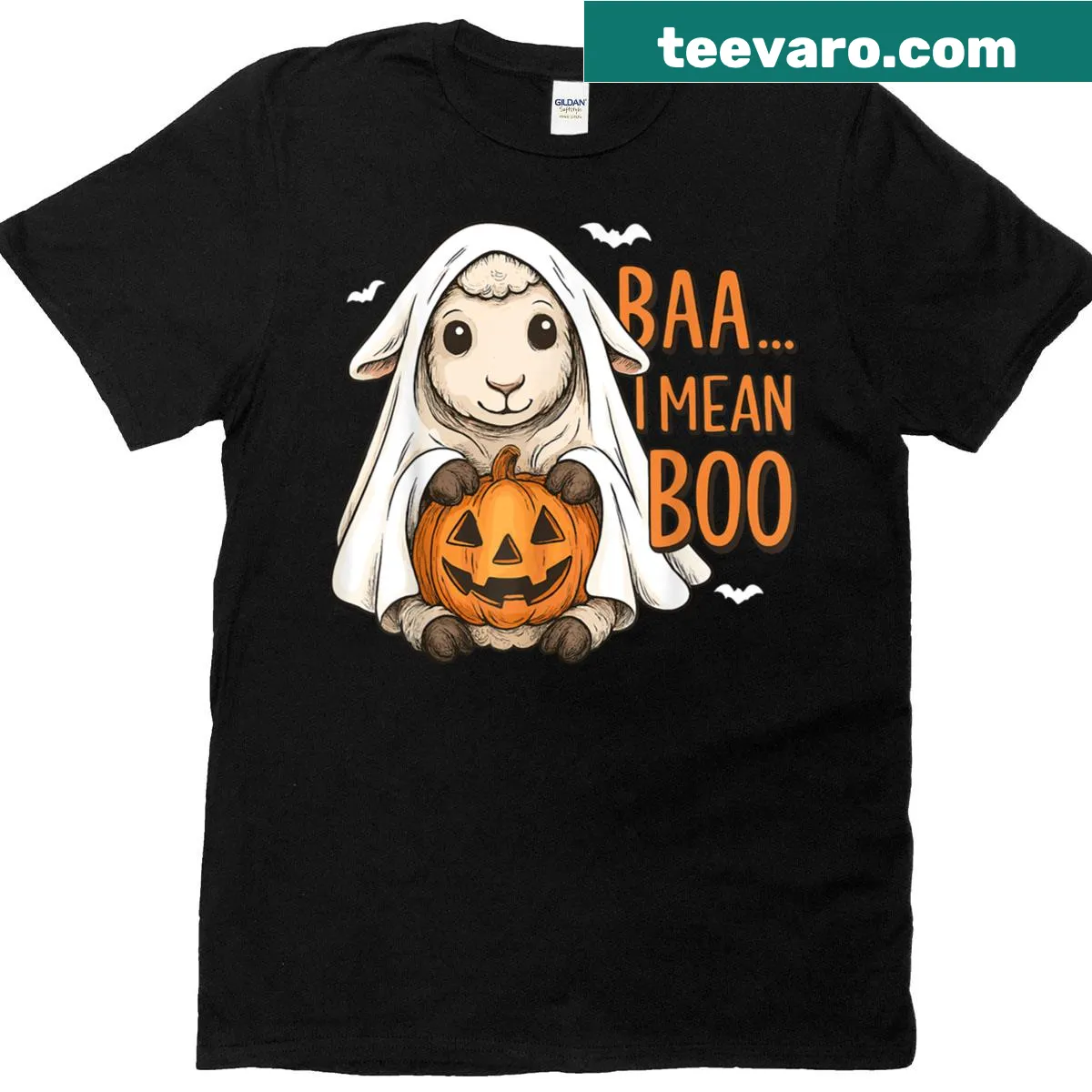 Playful Halloween ghost sheep graphic on t-shirt — on a men's t-shirt
