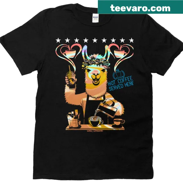 Cartoon llama barista design on a T-shirt